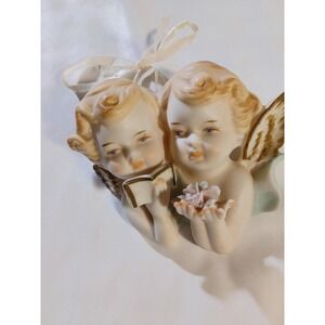 Vintage ILSO Two Cherub Angels Ornament Small White Porcelain Japan Hand Painted